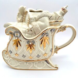 LENOX Florentine & Pearl Santa Teapot  Sleigh Christmas Holiday Porcelain BOTTOM